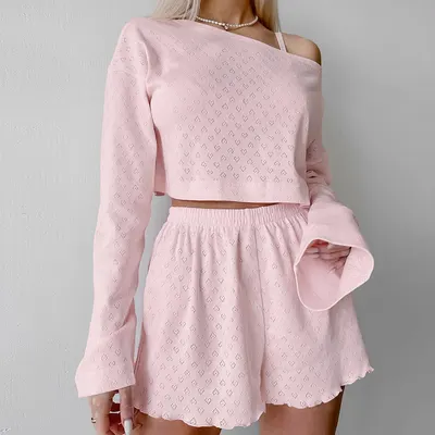 Europeisk och amerikansk gränsöverskridande ny bekväm hjärtjakquard rosa andningsbar långärmad shorts ytterplagg långärmad shorts pyjamas set