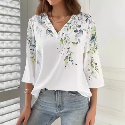 Topo de manga três quartos, pullover decote V com impressão 3D, estilo novo primavera-verão para mulheres