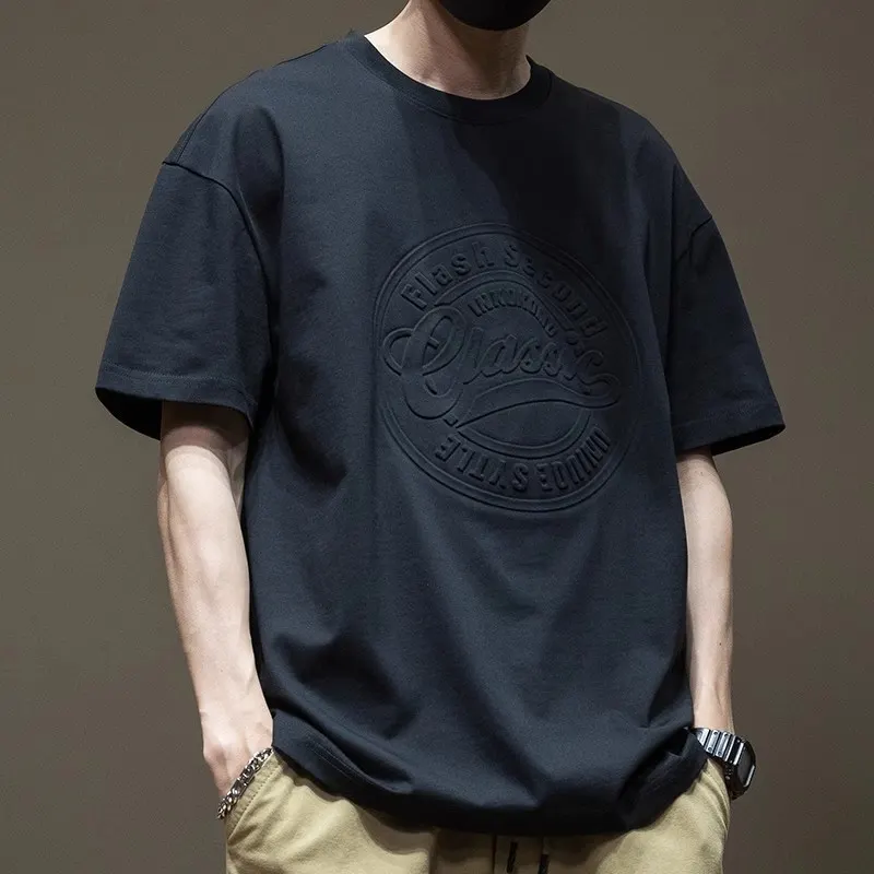 T-shirt de manga curta gola redonda para homens gordos no verão, tamanho grande, top de algodão puro 3D com estampa de aço, solto e moderno