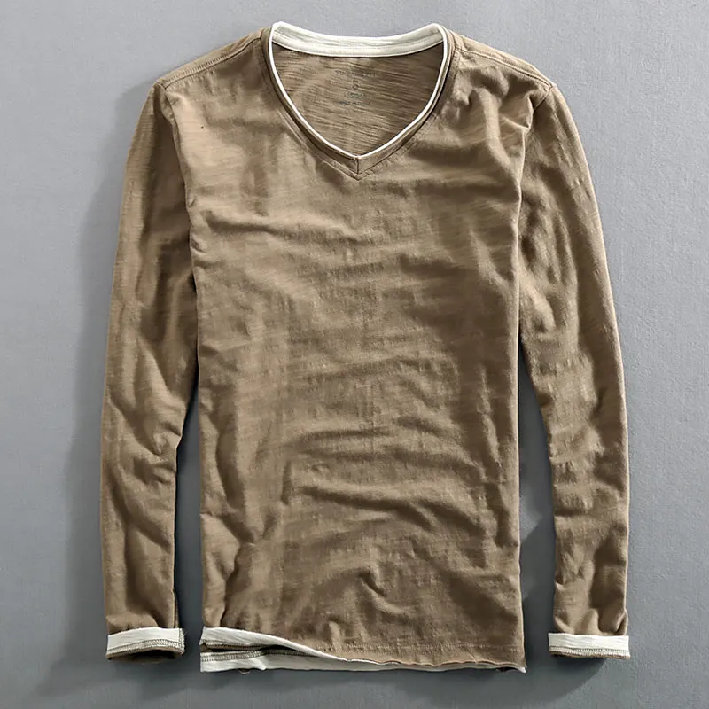 Camiseta de manga larga para hombre, primavera y otoño, nueva moda japonesa, cuello en V, camiseta básica para hombre, con deshilachados, efecto desgastado, bloques de color