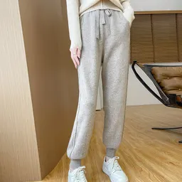 Autumn and winter 100% wool knitted pants for women, loose and slimming small-leg carrot pants, sports sweatpants, thick tapered hem harem pants