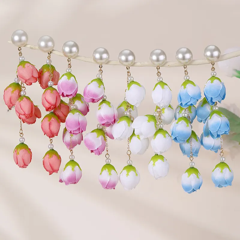 Brincos de tachas femininos longos com botão de flor colorida