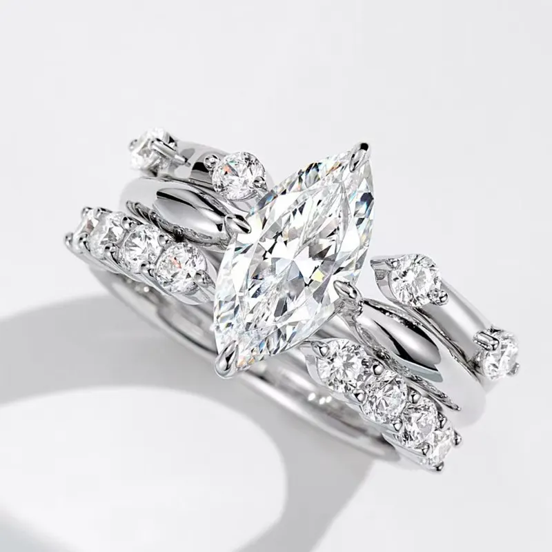Anel aberto empilhável, anel de banda com diamantes, com diamantes marquise e de bolha, para mulheres, em prata 925