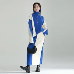 2024 新 ブラック＆ホワイト カラーブロック スプライス セーター スカート セット 女性用、秋/冬 ハイネック 長袖 ニット トップ 2ピース セット
