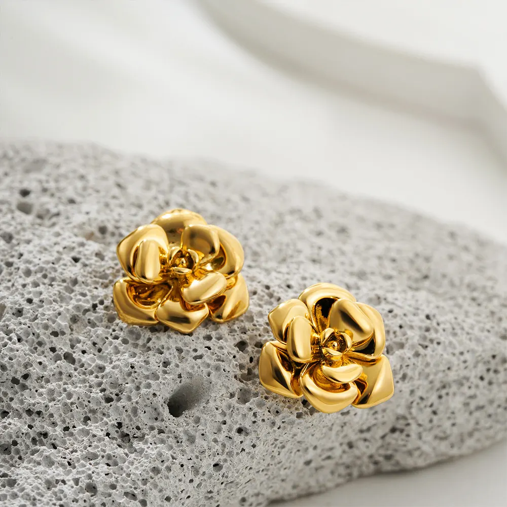 Brincos de camélia de aço inoxidável 18K dourado, europeus e americanos cross-border, anel retrô, flor de rosa, joalharia simples de luxo vintage