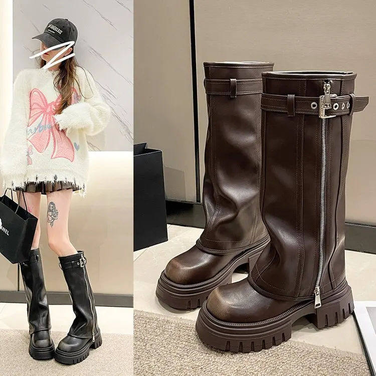 Botas castanhas novas para mulher, com sola grossa que aumenta a altura, elegantes
