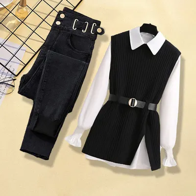 Fransk chic stil kvinnlig kostym 2024 vår ny mode stickad väst skjorta slankgörande jeans tredelad set