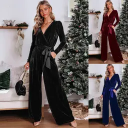 jumpsuit طويل الأكمام بلون صلب، عنق V، تصميم أوروبي وأمريكي أنيق، بنطال مستقيم