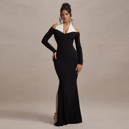 Vestido longo estilo sereia elegante para mulher, roupa europeia e americana, gola halter de cores contrastantes, modelagem justa, cintura marcada e quadril definido
