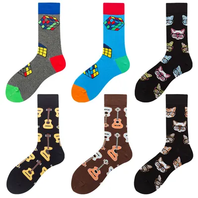 Happy Socks europeisk storlek herr vadderstrumpor trendiga färgglada rubikskub gitarr ansikte bomullstrumpor