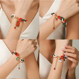 Pulsera Navideña Roja Verde Acrílica, Copo de Nieve, Campana