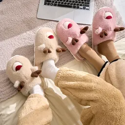 여성용 순록 뿔 겨울 만화 면 슬리퍼, 실내 플러시 따뜻한 홈 플러시 신발, 두꺼운 밑창 하프 슬리퍼