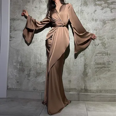 Conjunto de top e saia longa, gola V, manga de sino, cintura ajustada com laço, assimétrico, moda feminina europeia e americana, novo outono inverno 2024