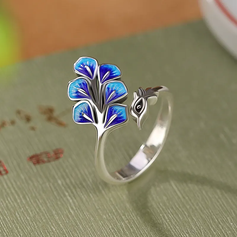 Anel aberto esmaltado de pavão criativo de estilo chinês, novo, retrô, cloisoné, anel de dedo elegante e exclusivo - 02490