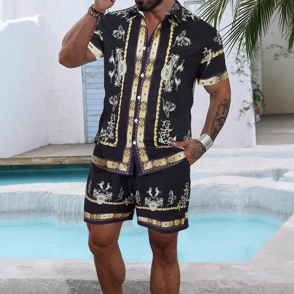 Conjunto Masculino Casual de Manga Solta com Camisa e Calções com Impressão Digital 3D