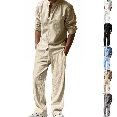 Conjunto de Praia: Camisa de Manga Comprida e Calças, Casual e Respirável