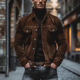 Chaqueta abotonada con solapa a rayas europea y americana de pana con bolsillos para hombre, manga larga