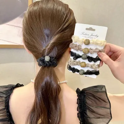 Laço de cabelo elástico de alta elasticidade, acessório de cabeça de organza de pé grande de pérola de luxo, laço de cabelo pequeno de pé de pérola com strass oco