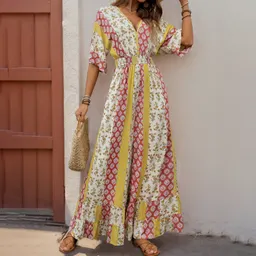 Macacão de cintura alta estampado estilo boémio retrô novo de verão para mulher