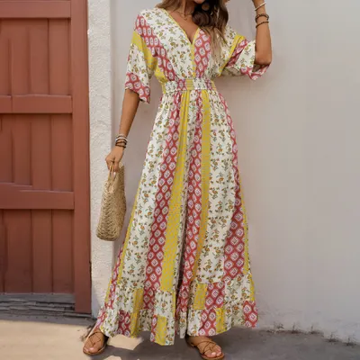 Macacão de cintura alta estampado estilo boémio retrô novo de verão para mulher