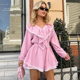 Conjunto de camisa e calções com lapela e mangas de lanterna, solto