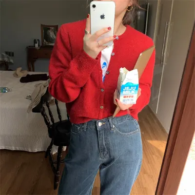 短款加厚毛衣外套开衫女设计感小众小个子羊毛针织衫