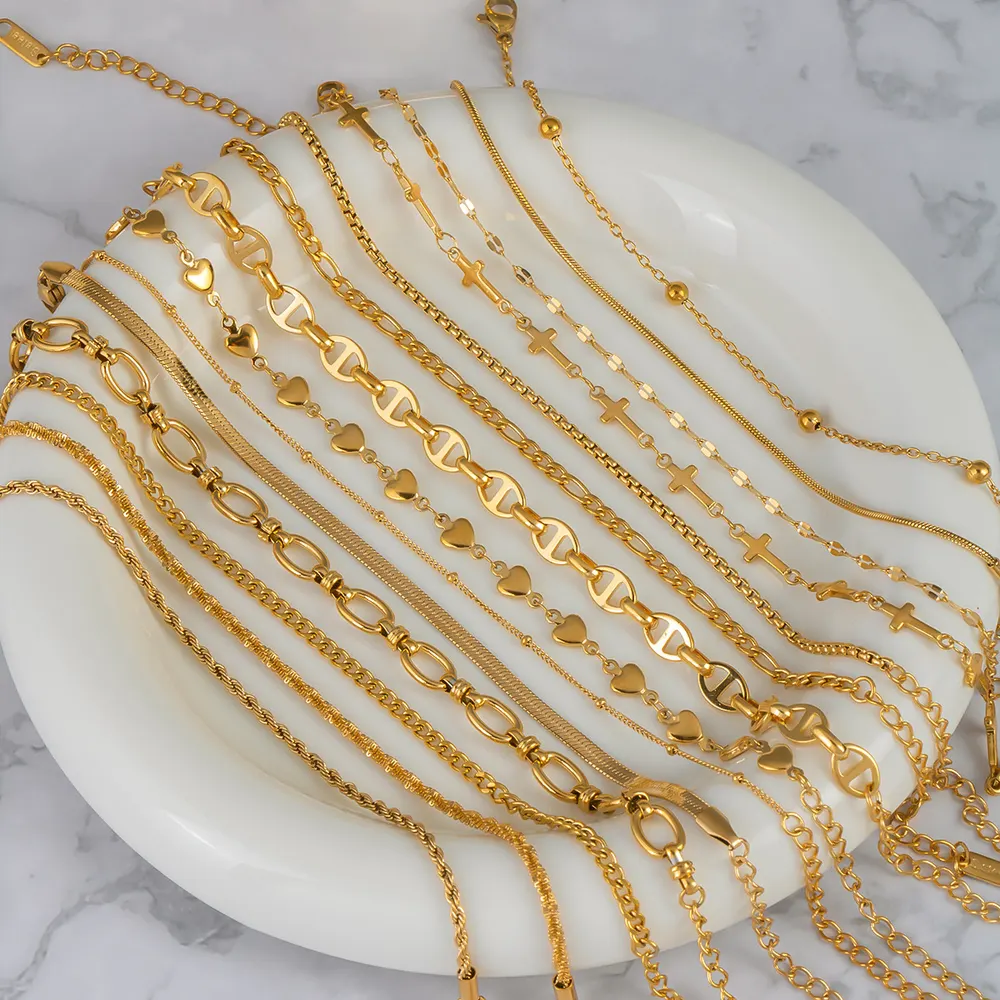Pulseira de corrente fina em aço inoxidável, ouro 18K, não desvanece
