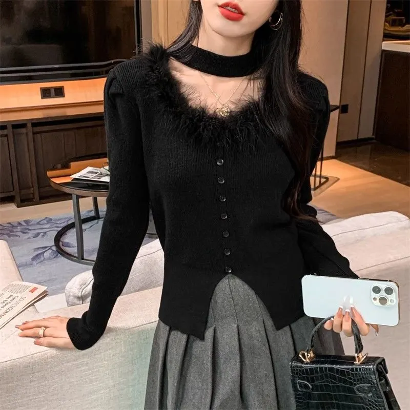 Top de tricô elegante e fino de inverno para mulheres, gola à halter com decote oco, design irregular, ideal para usar por baixo de outras peças