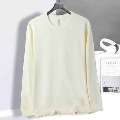 T-shirt de manga comprida em algodão solta, gola redonda, para homem, camiseta de base