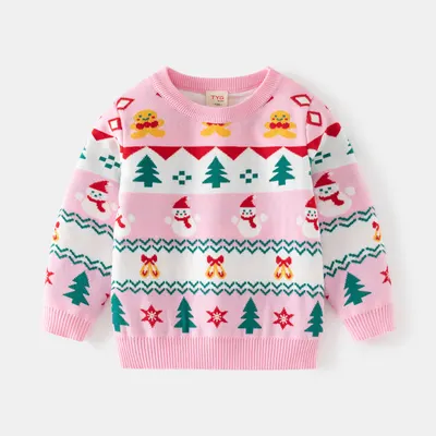 Roupa infantil nova de outono e inverno de 2024, fornecida diretamente por transfronteiriço, suéter de gola redondo estilo festivo para meninas, top de tricô com boneco de neve para bebé