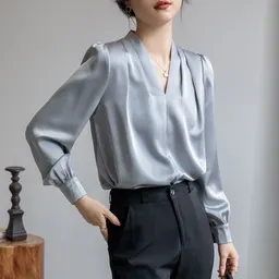 قميص نسائي بتصميم V-neck من الساتان الأسيتاتي البسيط والأنيق