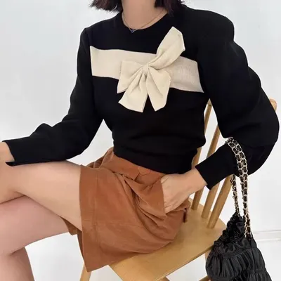 Suéter de tricot com laço grande doce e contraste de cores, novo da Coreia para o outono e inverno