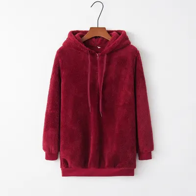 Europeisk Och Amerikansk Långärmad Huva Enfärgad Dam Fleece Tröja Kappa