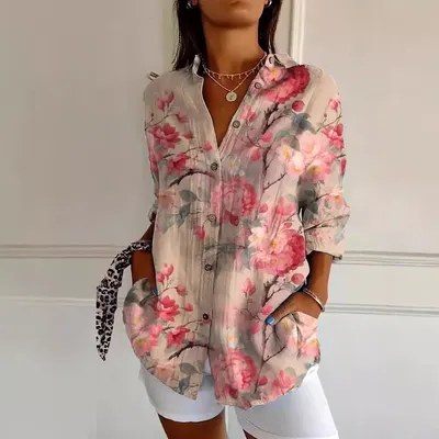 2024新款女士衬衫 夏季欧美潮流七袖衬衫 花卉图案印花3D衬衫