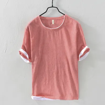 夏 メンズ カジュアル 半袖 Tシャツ リネン混紡 ハーフスリーブシャツ