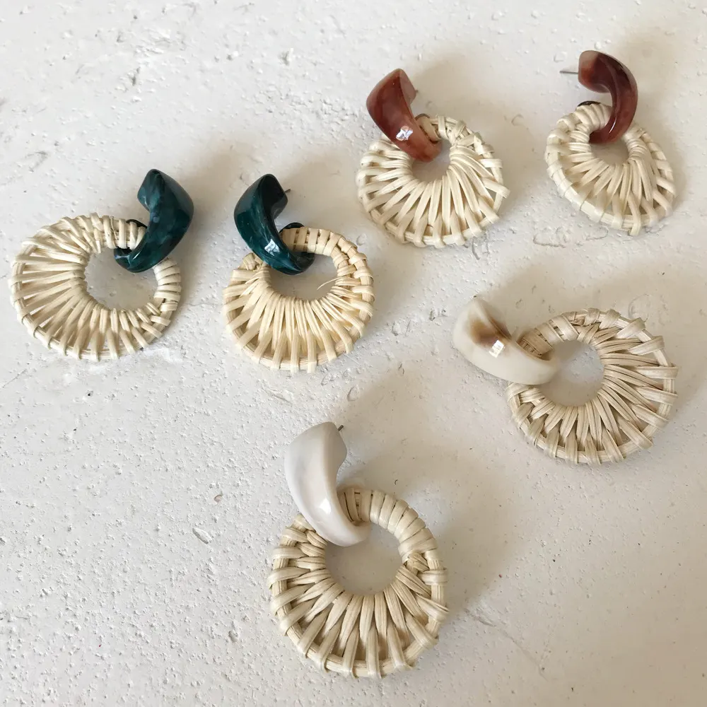 Корейские серьги-гвоздики из акрила и смолы Dongdaemun, бамбуковая лоза, плетение из травы, весенне-летние ретро-серьги, серьги в том же стиле, что и Анна, европейские и американские