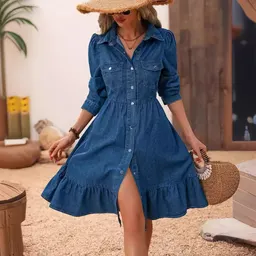 Vestido casual de manga comprida com lapela de estilo europeu e americano, com patchwork