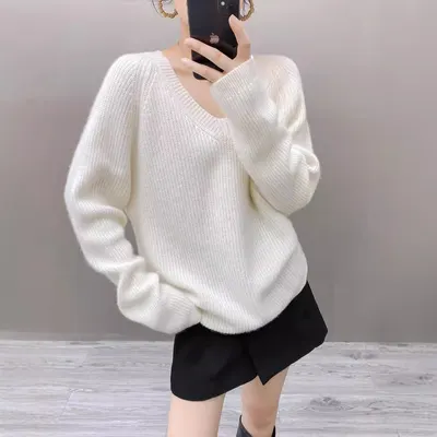 Suéter de malho largo para mulher, novo, decote em V, de cashmere, elegante, de lã de cashmere, top casual de outono e inverno