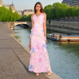 Vestido com decote em V, alças, estampado, sem costas, ajustado e com folhos