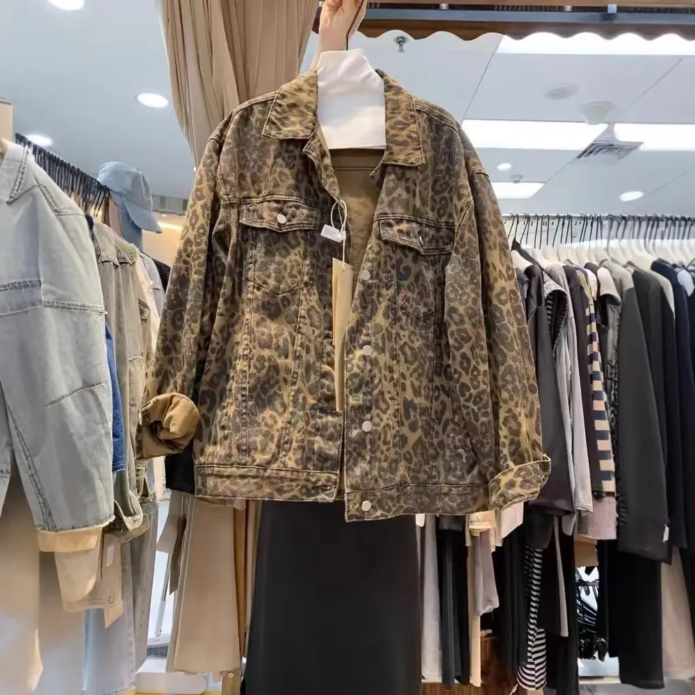 欧货街头豹纹牛仔外套女春秋美式复古宽松大码休闲工装夹克上衣潮