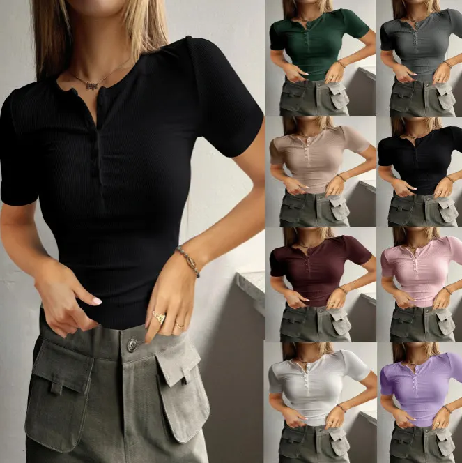 Suéter de malha feminino, de ajuste slim, com botões, gola canelada e manga curta