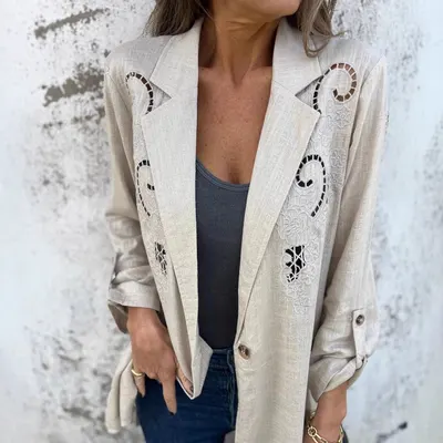 Pequeno Blazer de Um Botão Solto de Algodão e Linho com Bordado Oco de Estilo Europeu e Americano para Mulheres