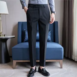Garnfärgade Lyxiga Randiga Texturerade Herrbyxor Till Kostym Stretch Casual