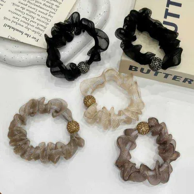 Laço de cabelo de organza, laço de cabelo popular na internet, novo laço de cabelo com strass na moda, anel de cabelo plissado de malha, acessórios de cabelo