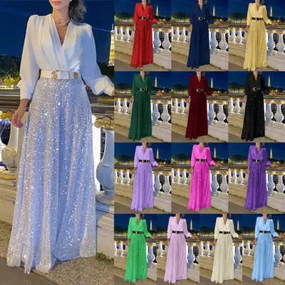 Vestido elegante com decote em V, cintura modelada e lantejoulas para senhoras