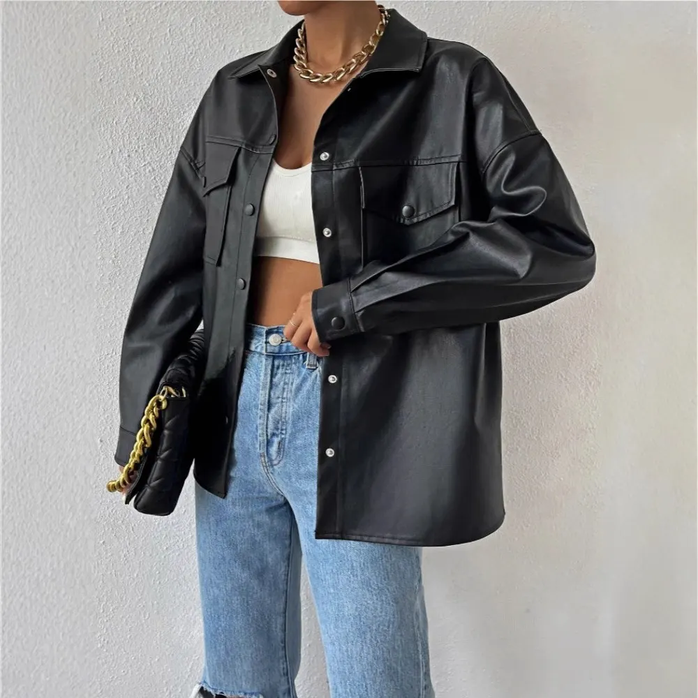 Casaco de casamento único com bolso em PU, casaco casual de moda