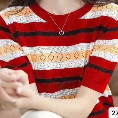 夏季2023年新款女装冰丝针织衫短袖t恤拼色镂空半袖宽松条纹上衣