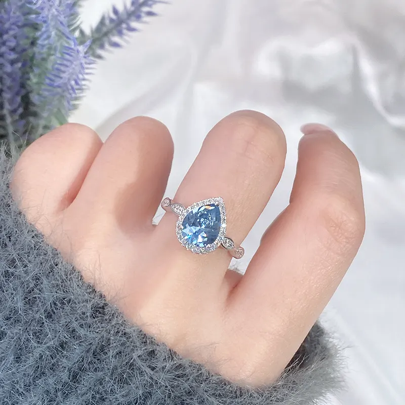 Anel de pedra colorida para mulher, prata esterlina S925, anel de aquamarino, elegante para deslocações, popular em transmissões ao vivo transfronteiriças, venda por grosso de fábrica