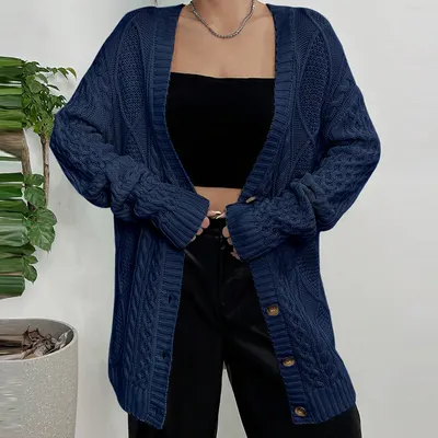 Casual löst stickad V-hals mellanlång cardigan