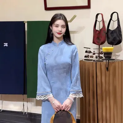 Cheongsam azul mejorado de dos piezas falsas para mujer, otoño e invierno